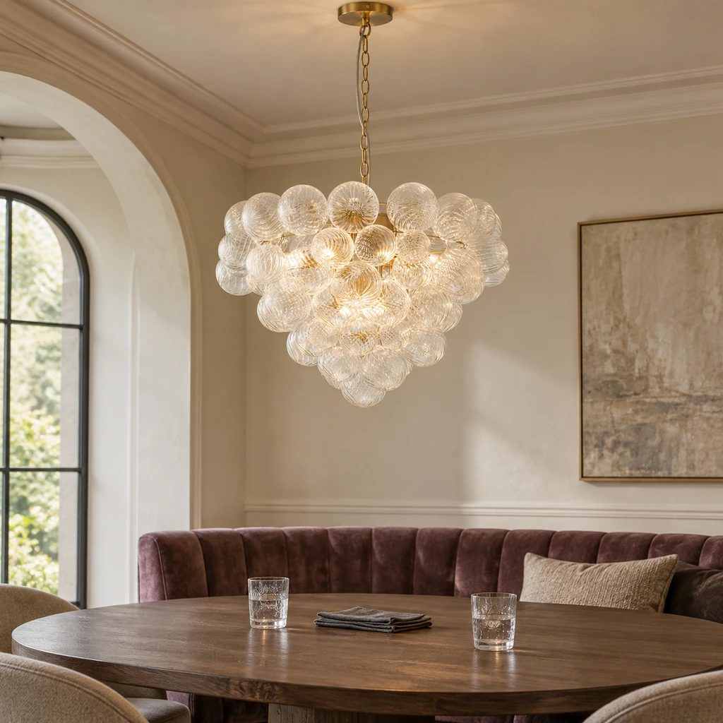 Amelie glass bubble chandelier above an oval dining table and plum banquette
