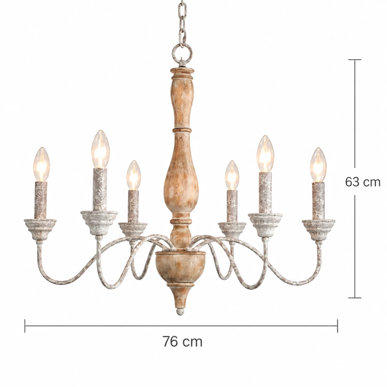 B six-light chandelier dimension diagram showing 76 cm diameter and 63 cm fixture height