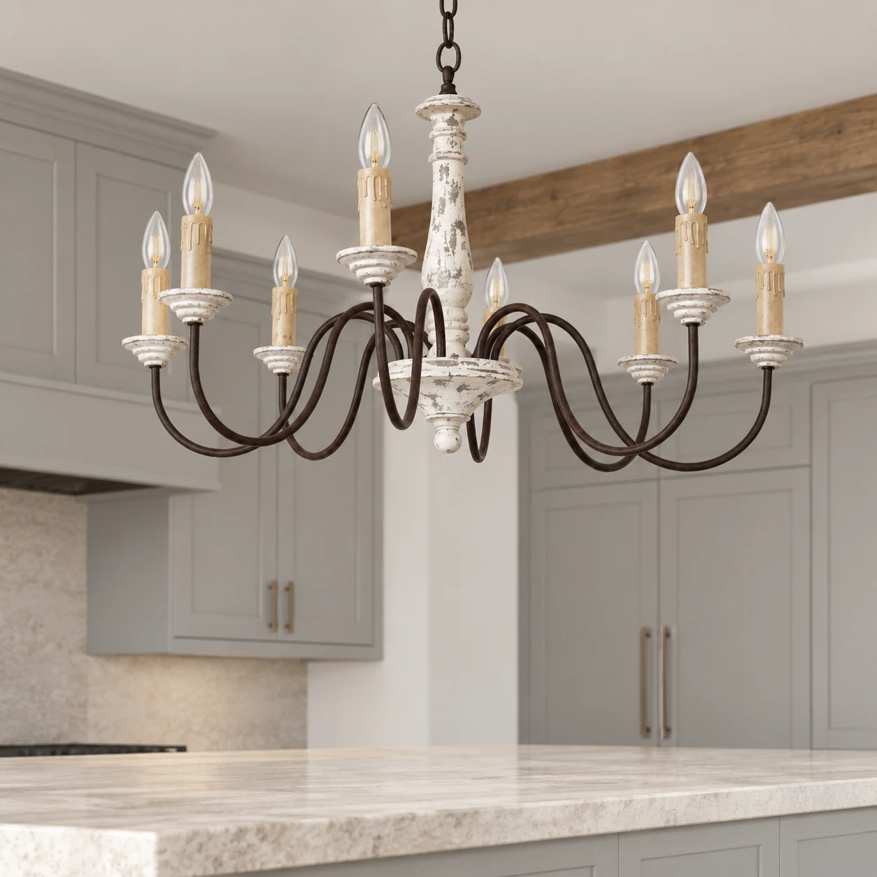 Eight-light white wood chandelier over a dining table