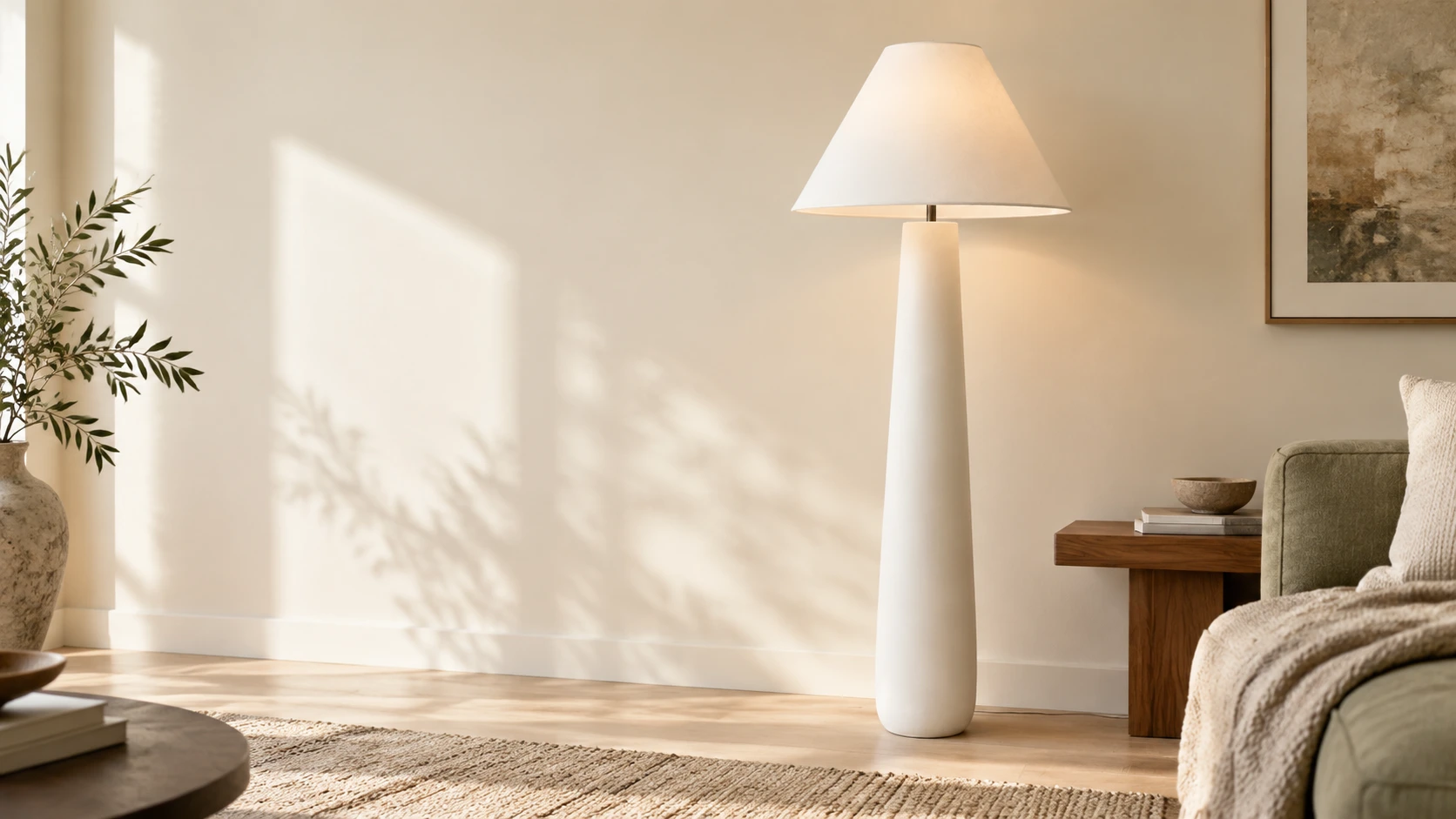White tapered wood floor lamp in a neutral residential corner