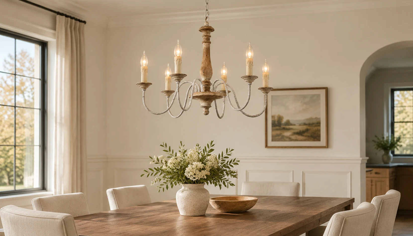 Weathered wood chandelier in a dining room
