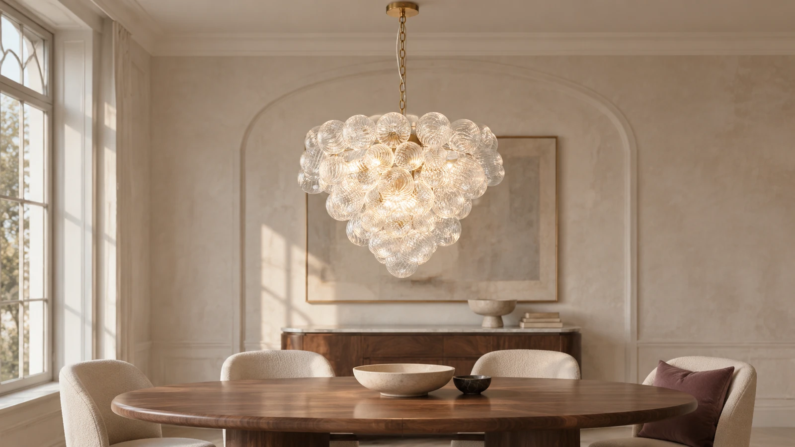 Amelie glass bubble chandelier above an oval walnut dining table
