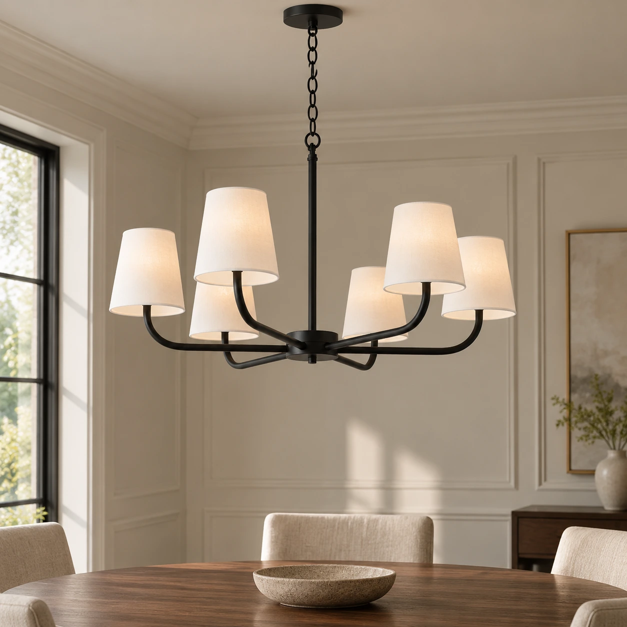 Matte black chandelier above an oak table