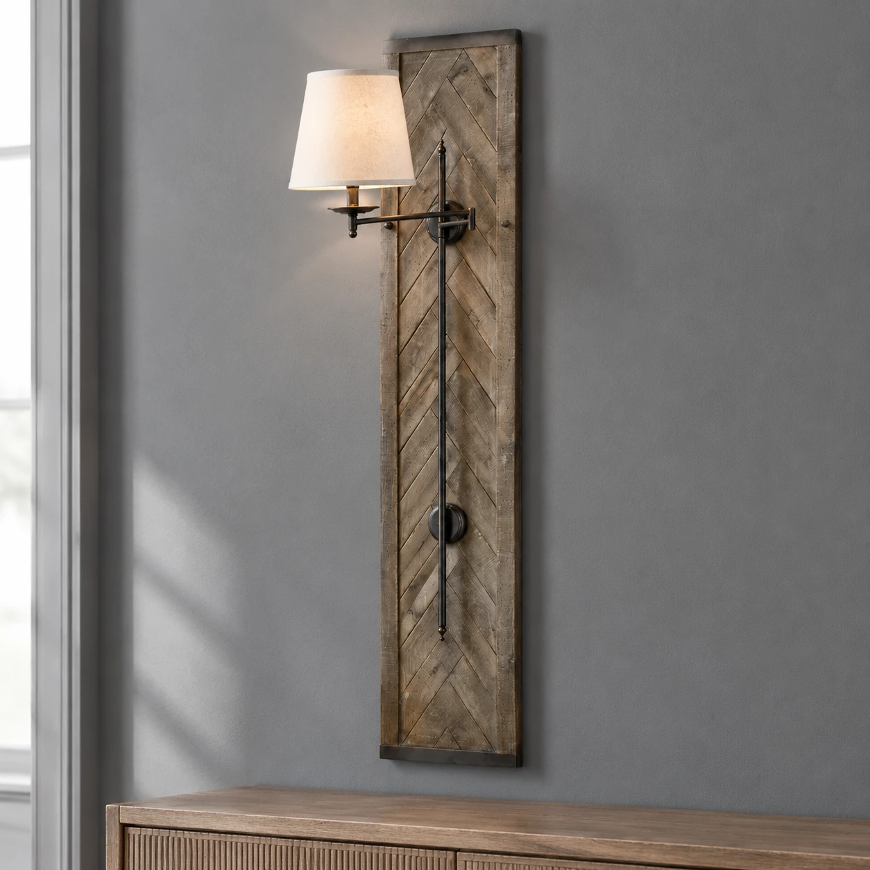 Wood wall sconce over a sideboard