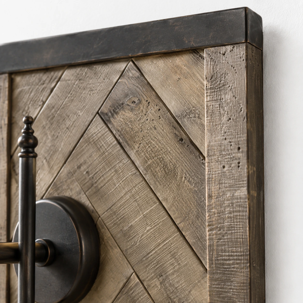 Weathered chevron-plank wood backboard detail