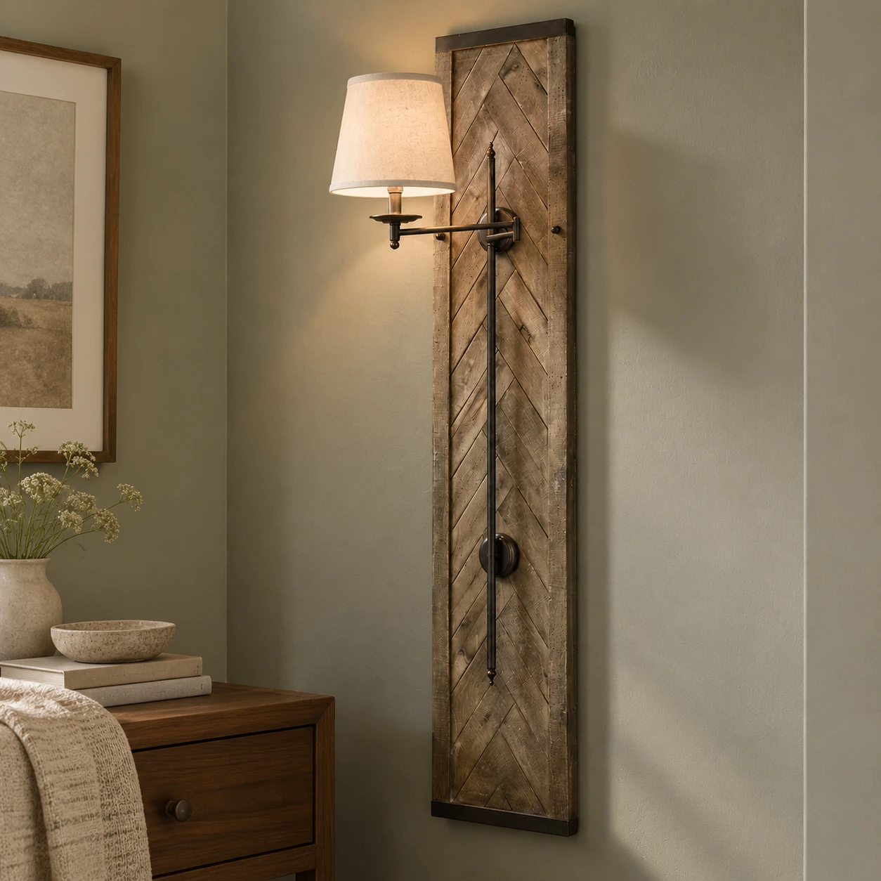 Wood wall sconce in a bedroom corner