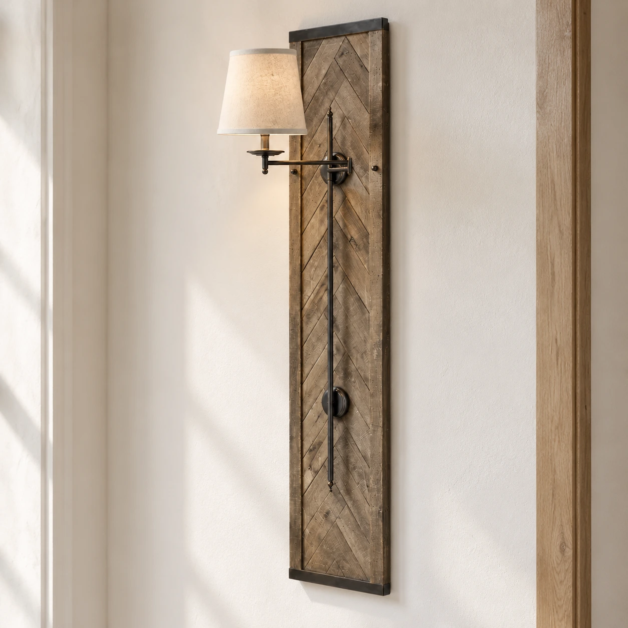 Wood wall sconce on a passage wall