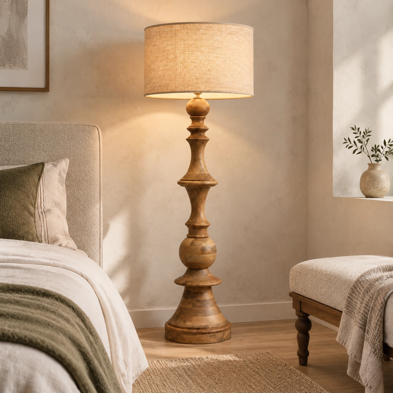 Sculpted wood floor lamp in a calm bedroom corner