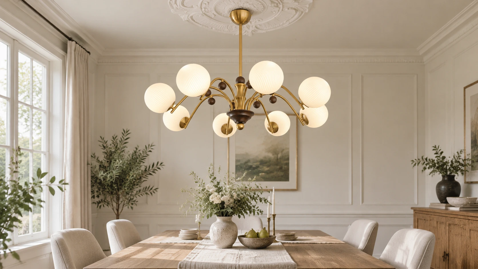 Odette chandelier centered in a family dining room