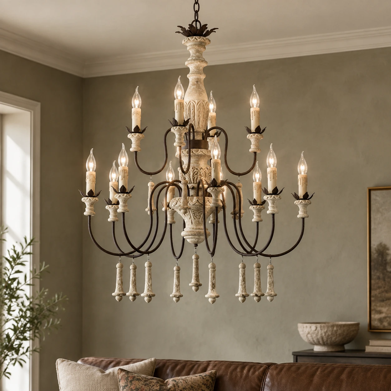 Twelve-head wood chandelier in a living room