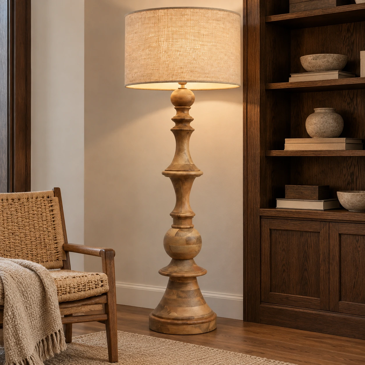 Sculpted wood floor lamp beside a reading chair and bookcase