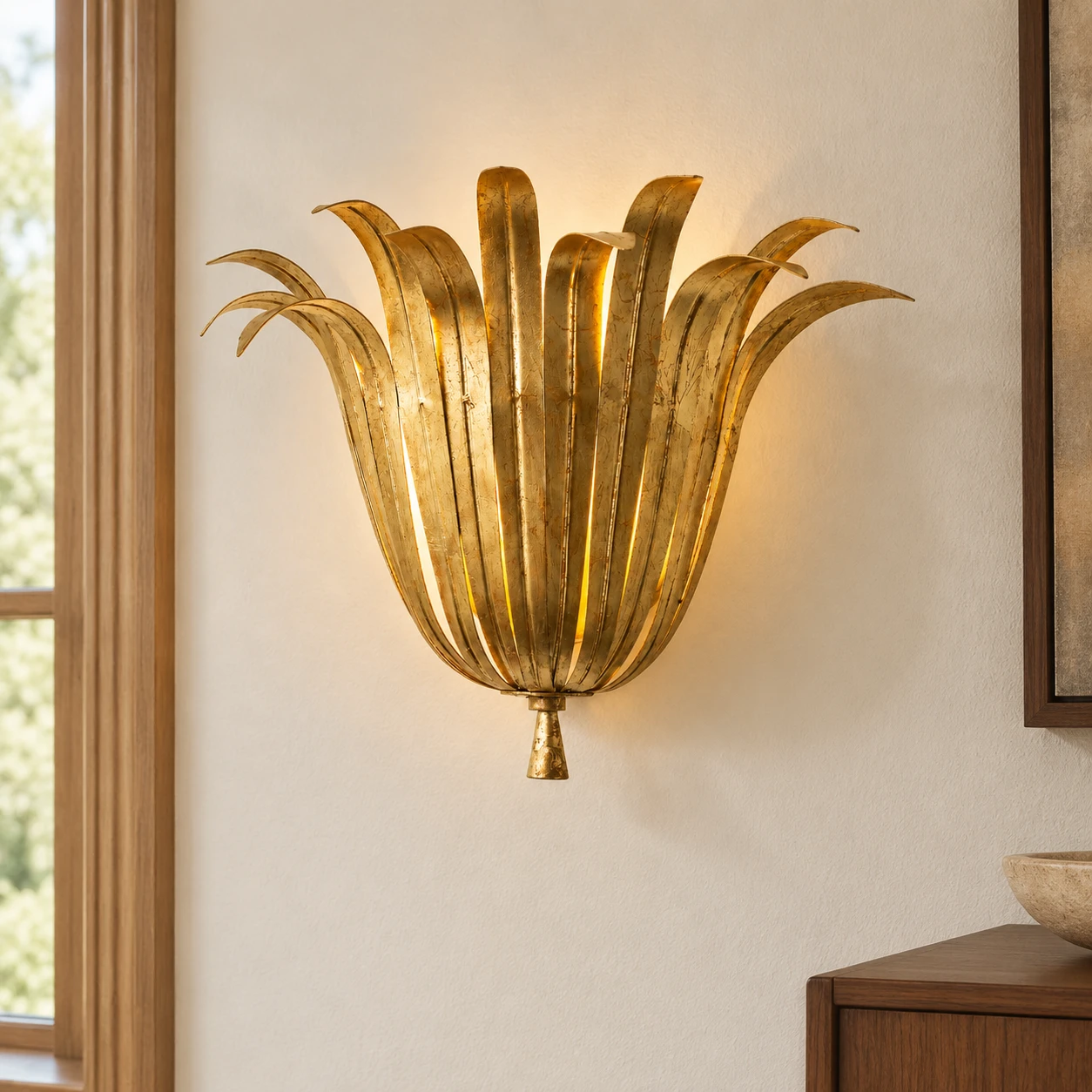 Vintage Gold Leaf Odette petal wall sconce in an American living room