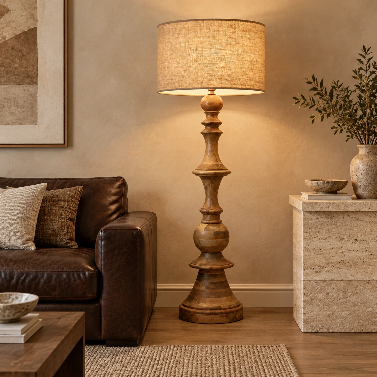 Sculpted wood floor lamp beside a leather sofa and stone console