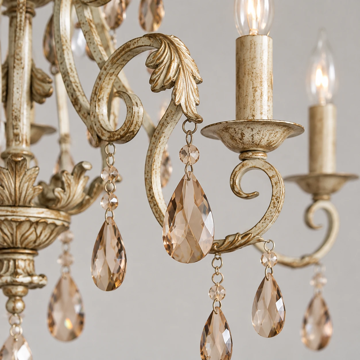 Teardrop crystal and scroll arm close-up