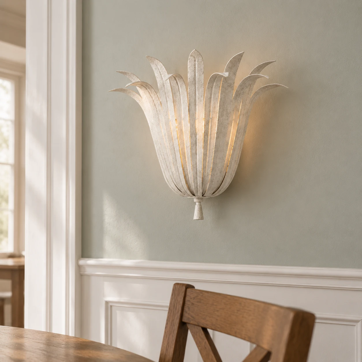 Vintage White Odette petal wall sconce in a dining nook