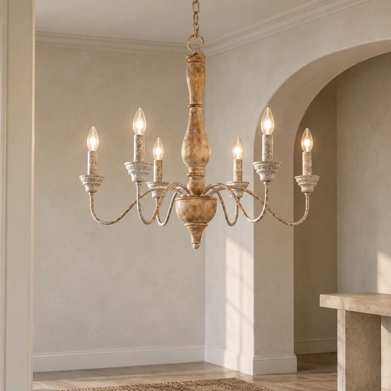 Natural wood tall-spindle chandelier in an entry