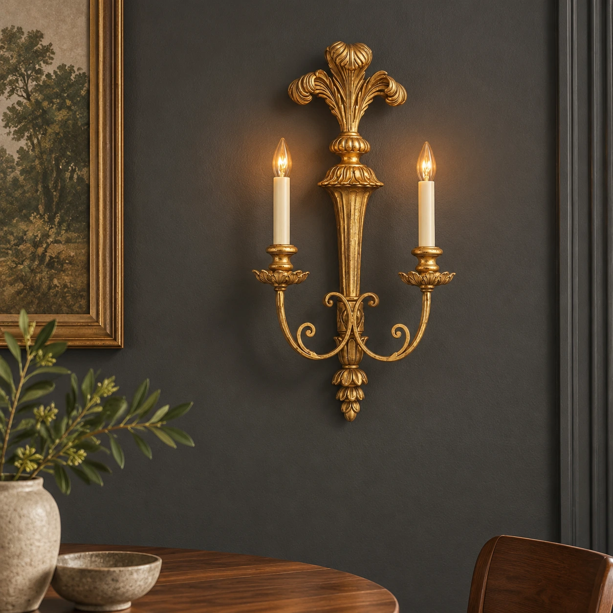 Two-light wood wall sconce in a dining nook