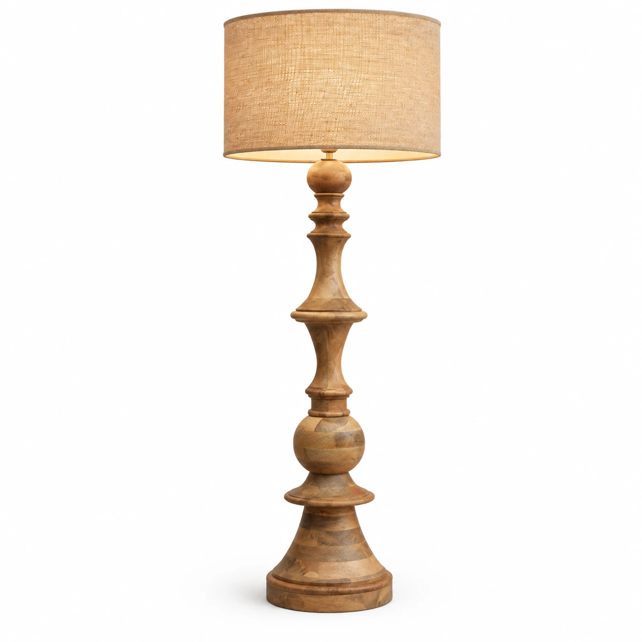 Complete sculpted wood floor lamp on a clean white background