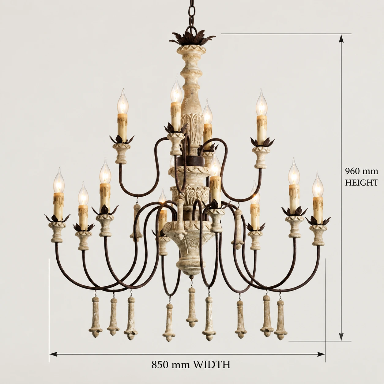 Twelve-head wood chandelier, 850 millimetres wide and 960 millimetres high
