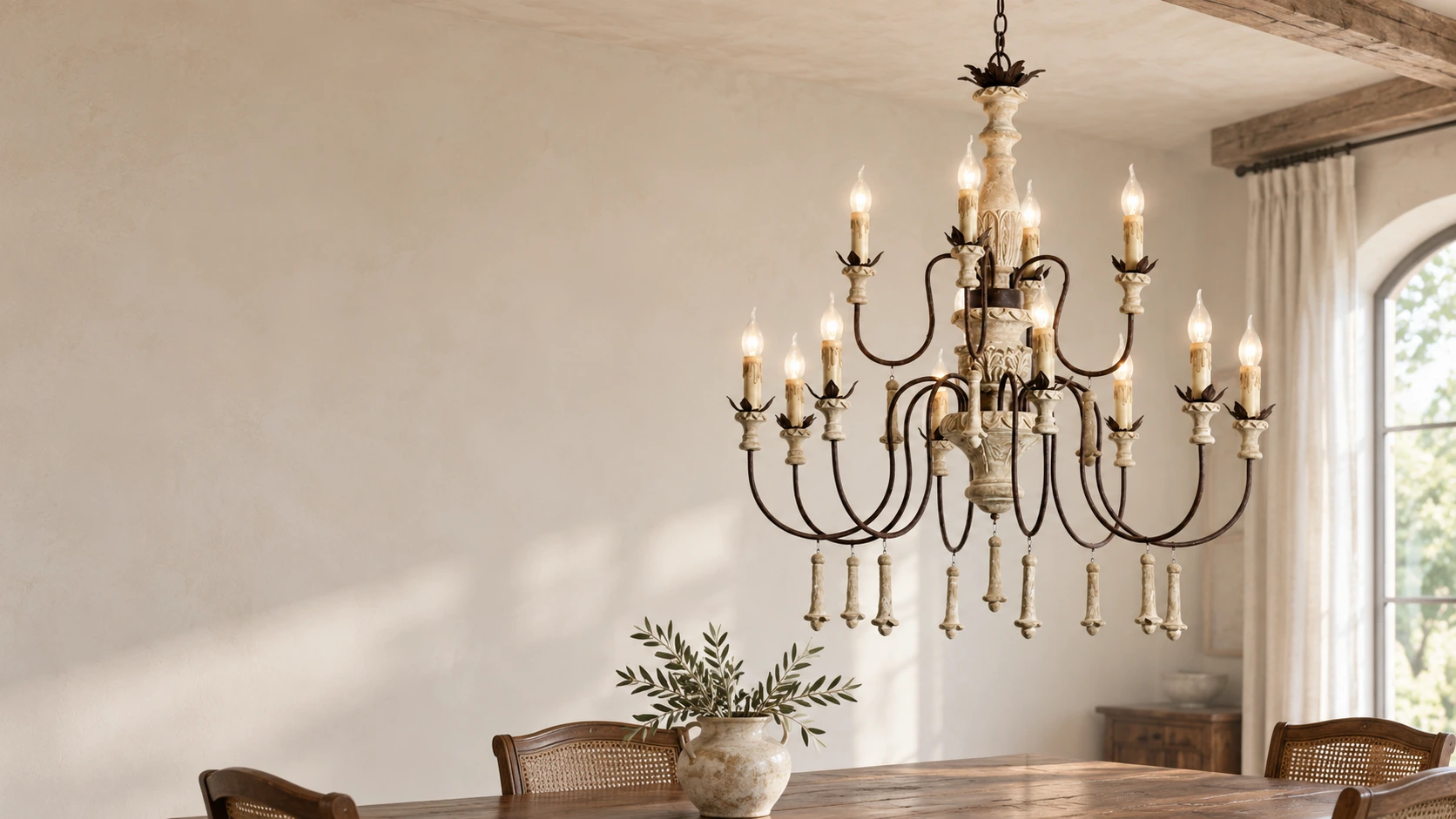 Vintage multi-arm wood chandelier in an American-rustic dining room