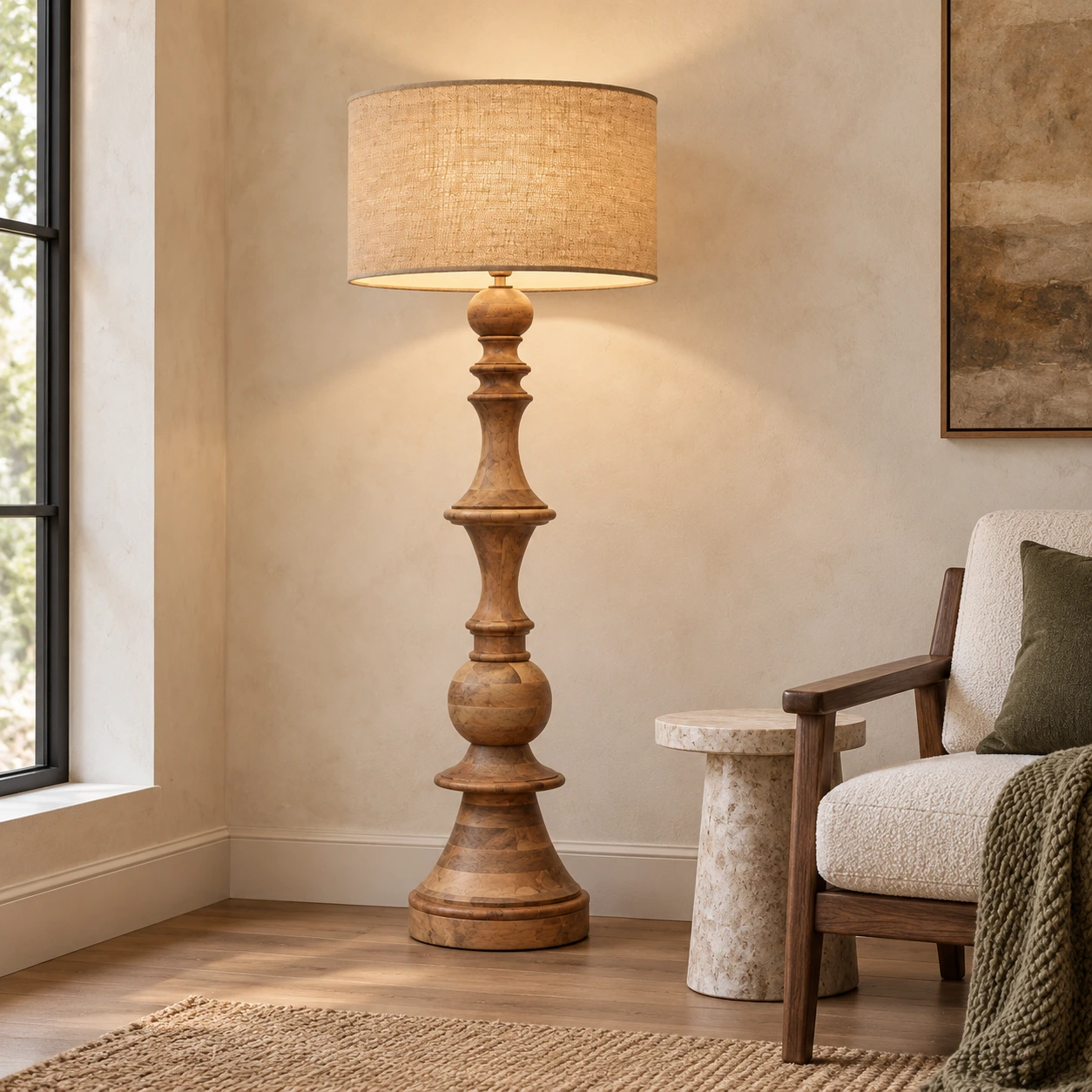 Sculpted wood floor lamp in an American-rustic reading corner