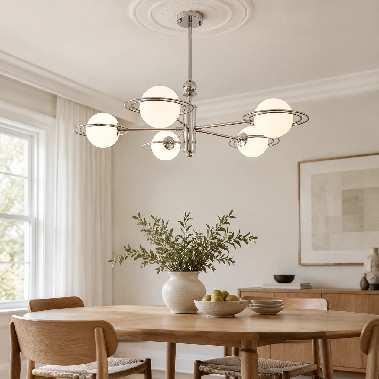 Mira 5-head pendant light in a family dining room