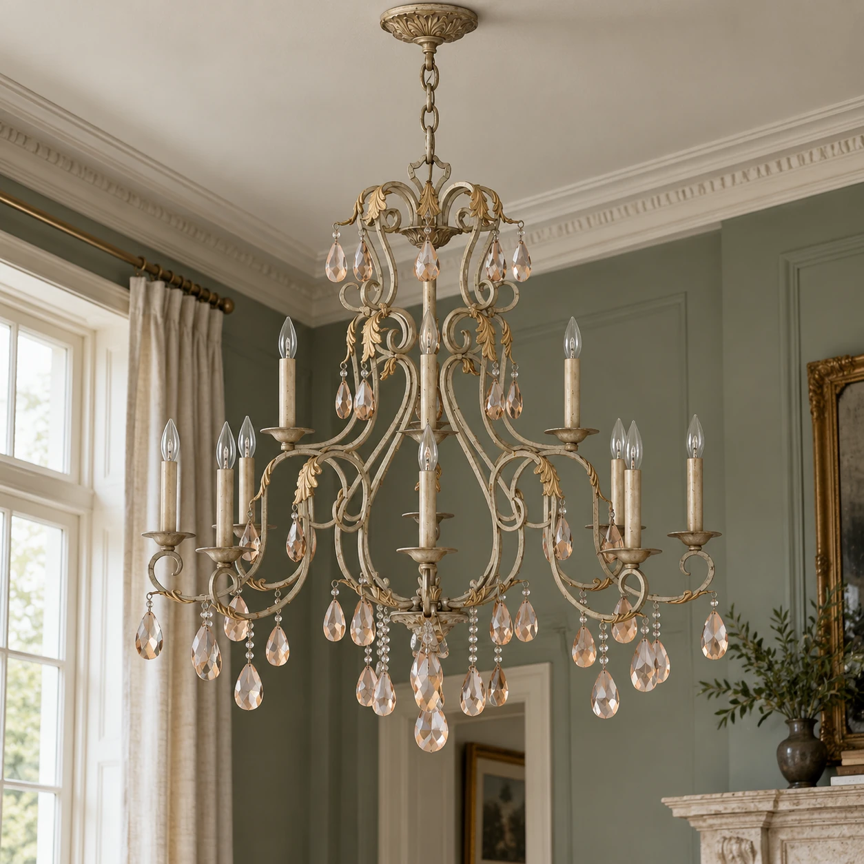 Close view of the multi-tier crystal chandelier in a green-gray living room