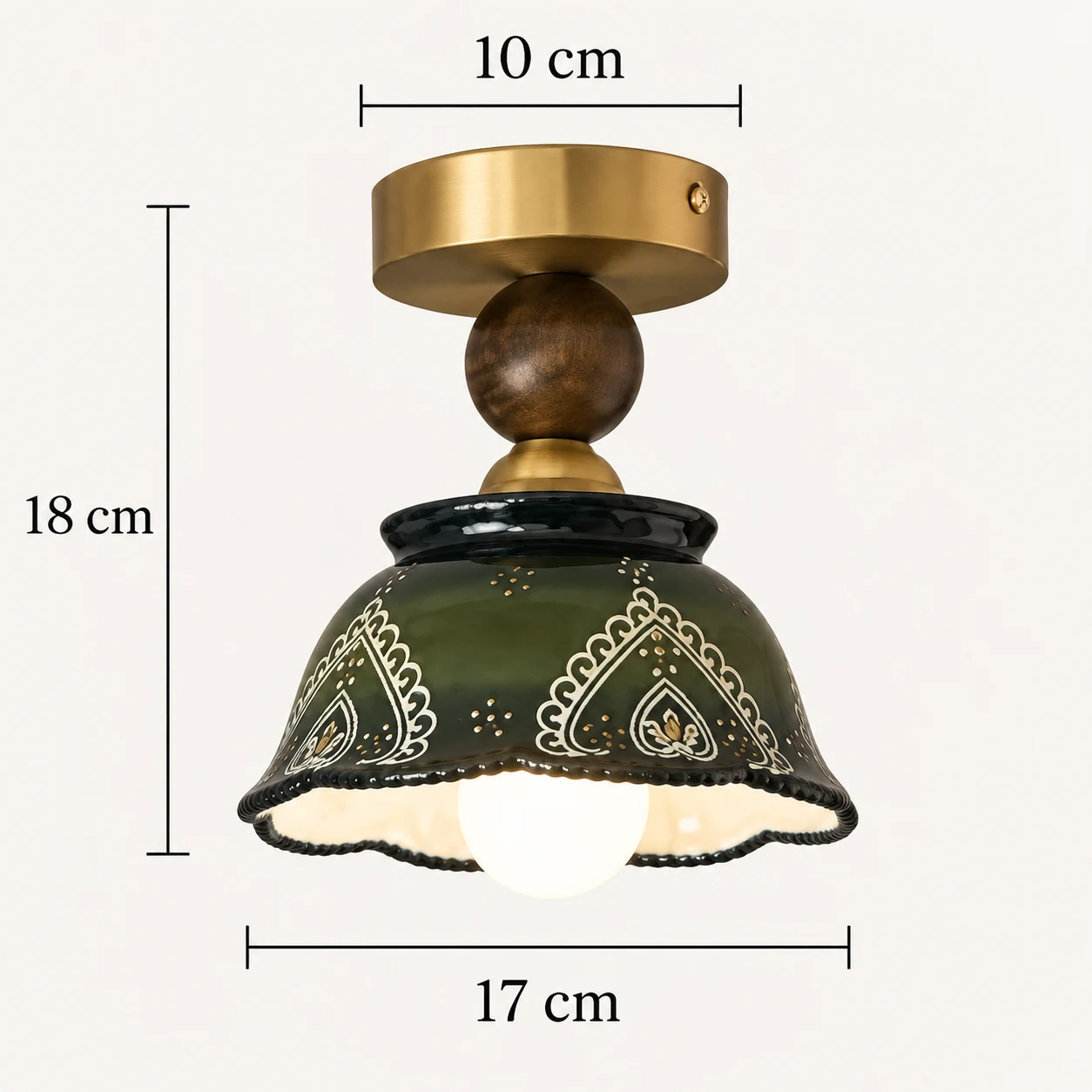 Shade diameter 17 cm, fixture height 18 cm, canopy diameter 10 cm