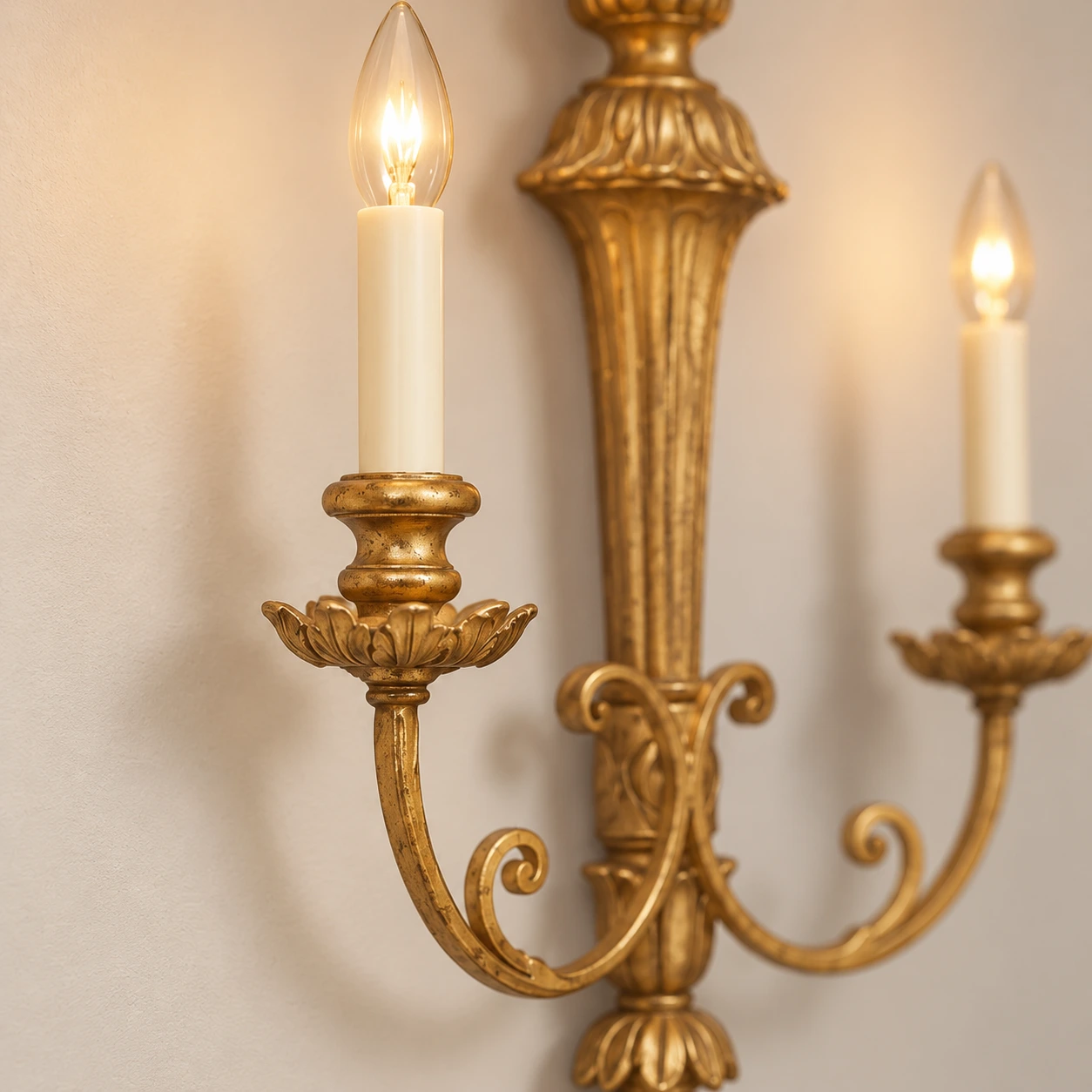 Curved candle arm and ivory candle sleeve detail