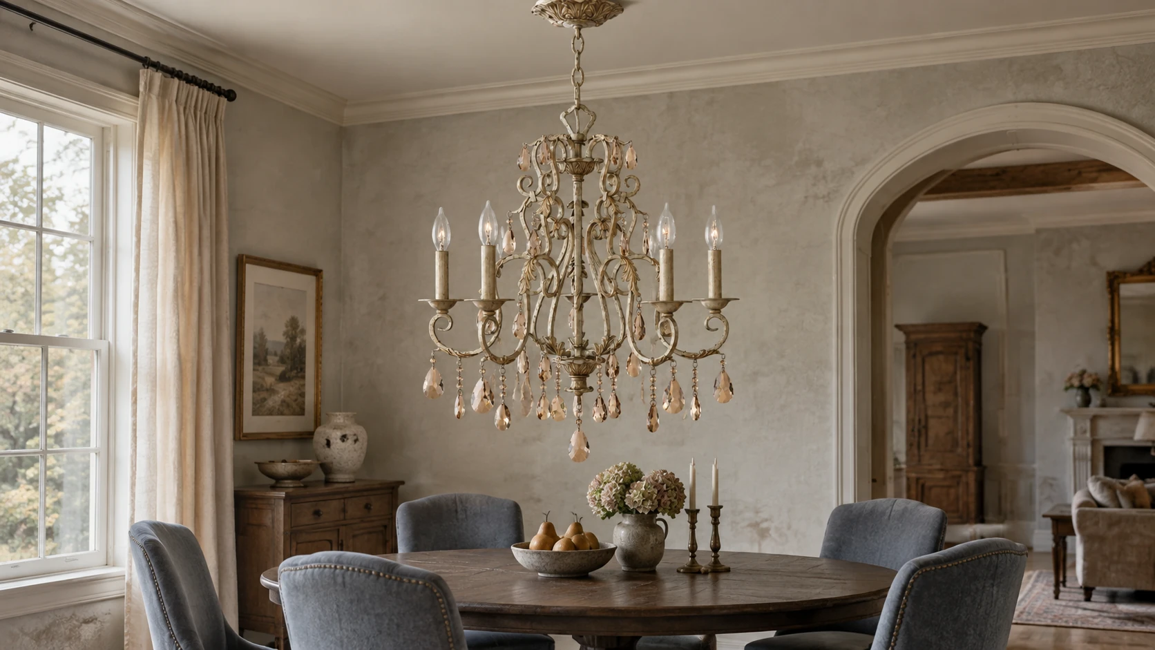 Four-light iron and crystal chandelier above a dining table in a traditional room