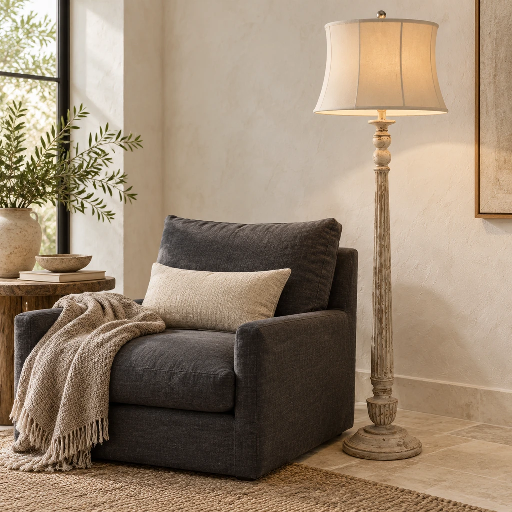 Margot carved wood floor lamp in a restrained reading corner