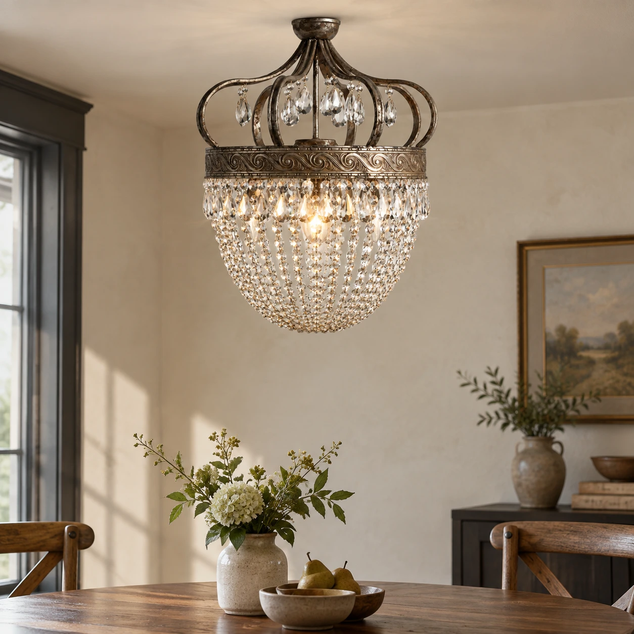 Small vintage crystal crown chandelier above a dining nook