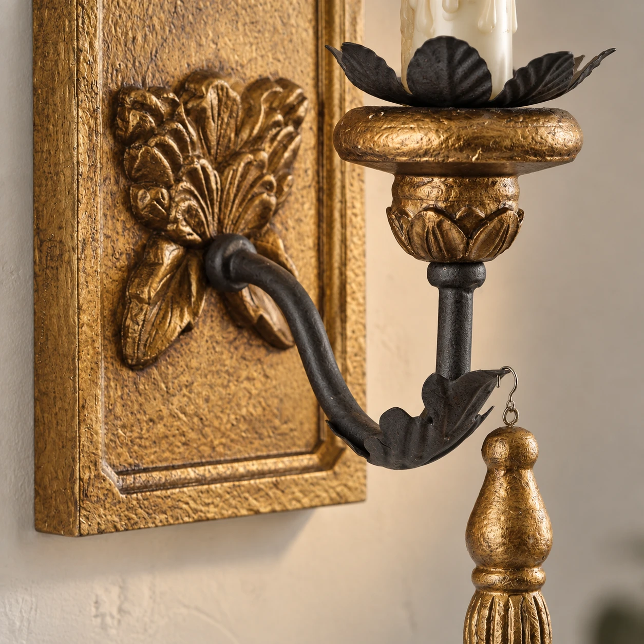 Close detail of dark curved iron arm