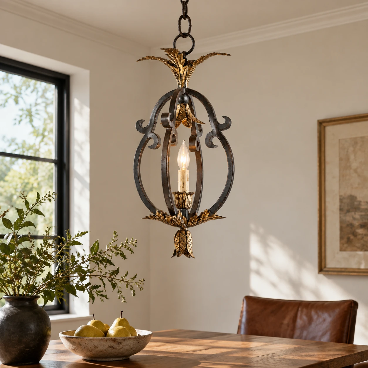 Complete petite vintage iron pendant in a breakfast nook