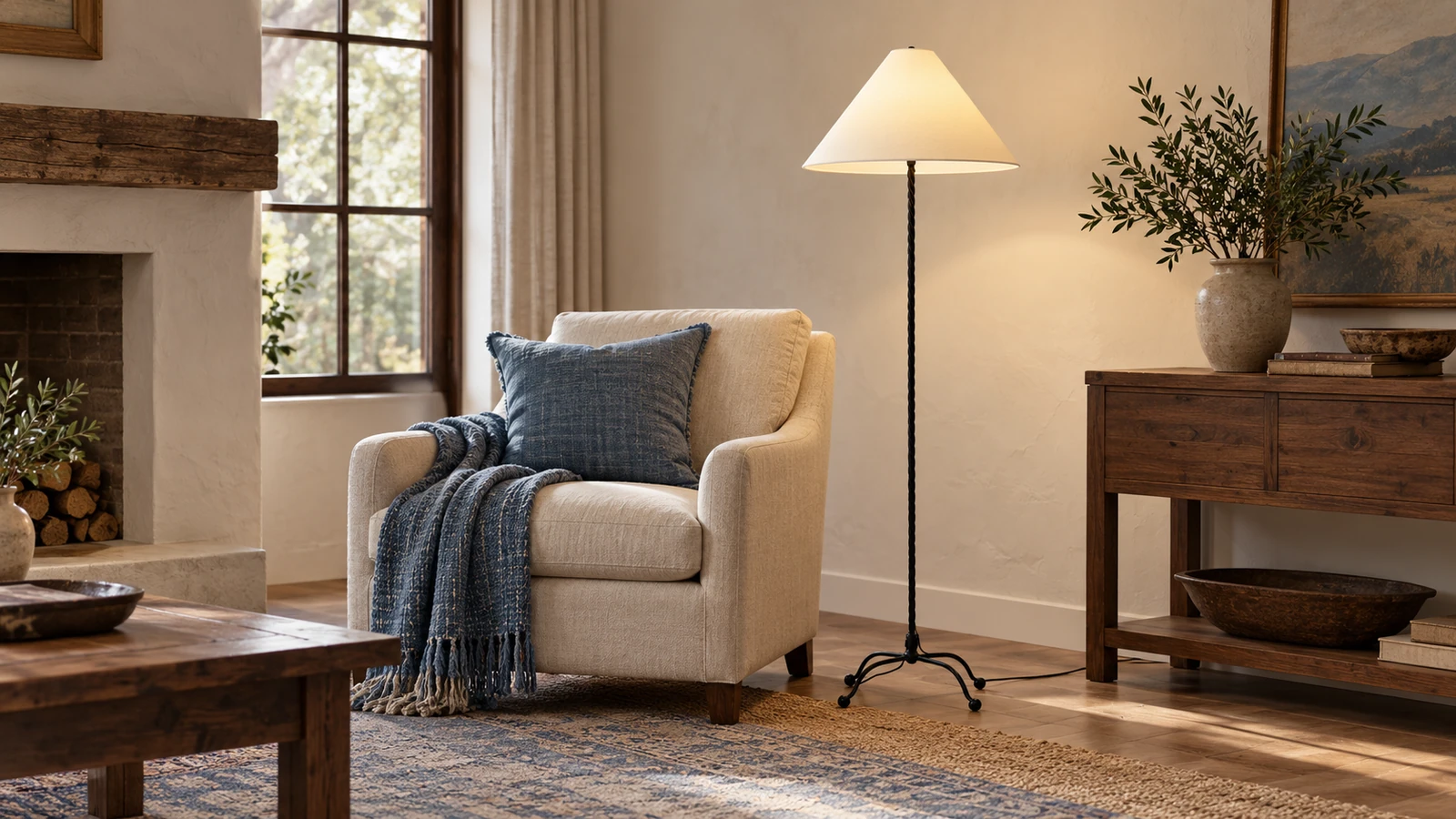Sage black floor lamp beside a walnut console