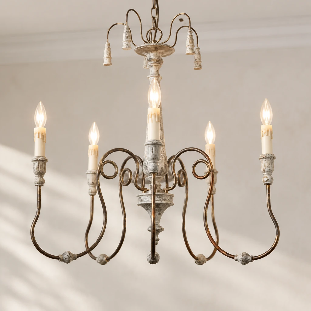 Lucien French vintage five-light carved wood chandelier against pale plaster