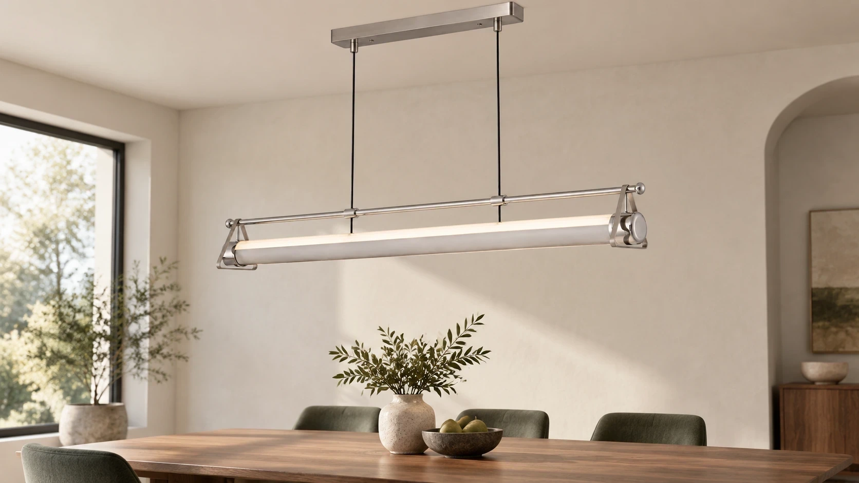 Fengshan Bauhaus Geometric Aluminum Linear Pendant Light above a bright dining table
