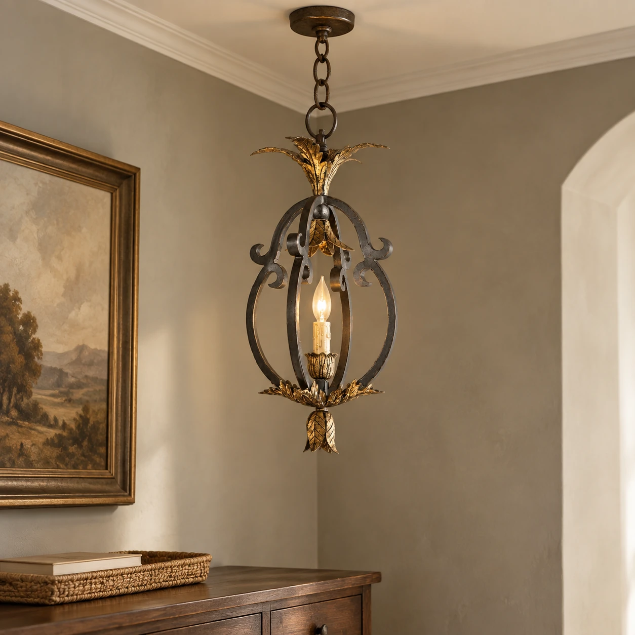 Small iron pendant suspended in an entry console setting