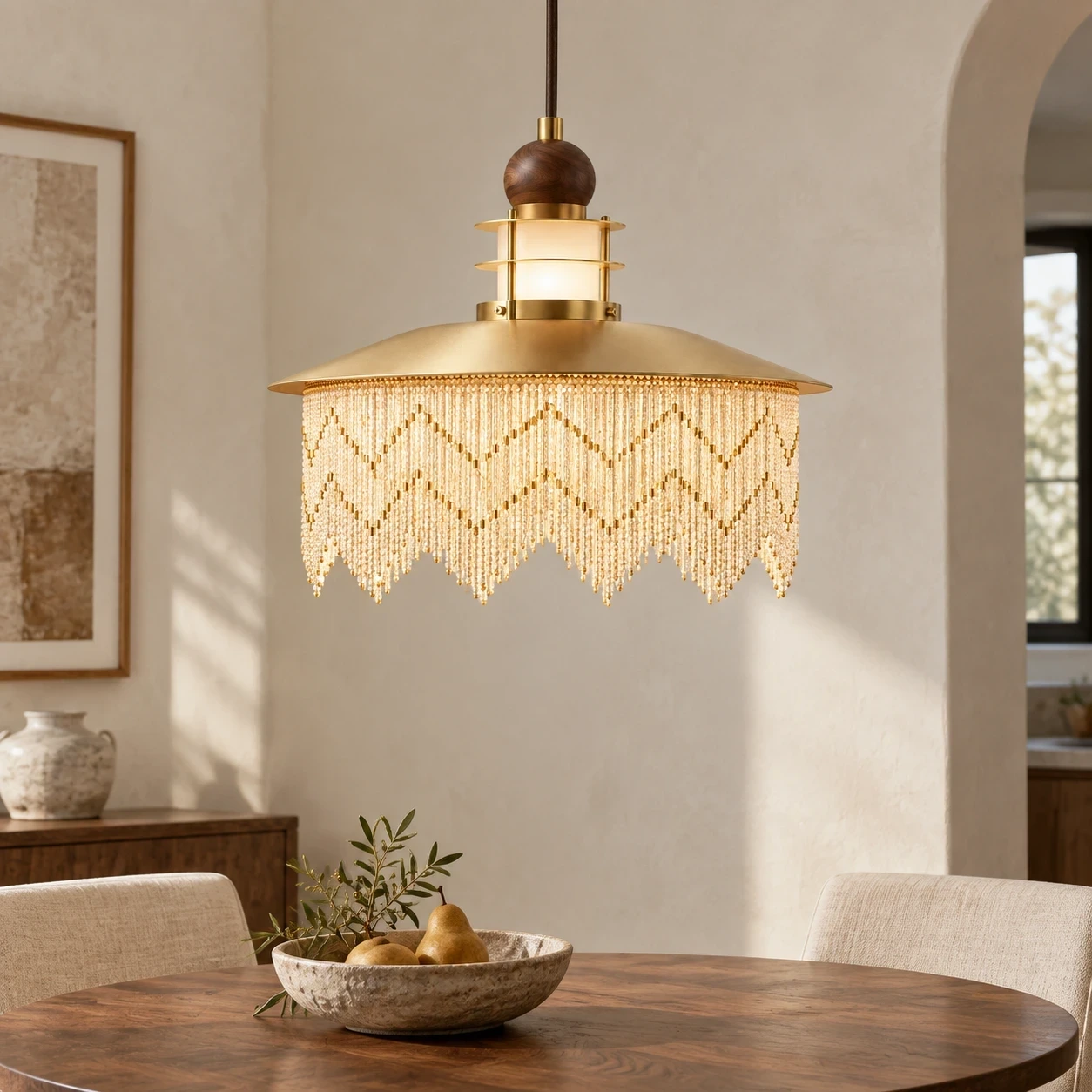 Wushlp Vintage Fringe Wood Pendant Light in a corridor