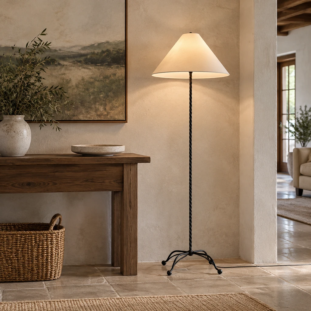 Sage black floor lamp beside a walnut console