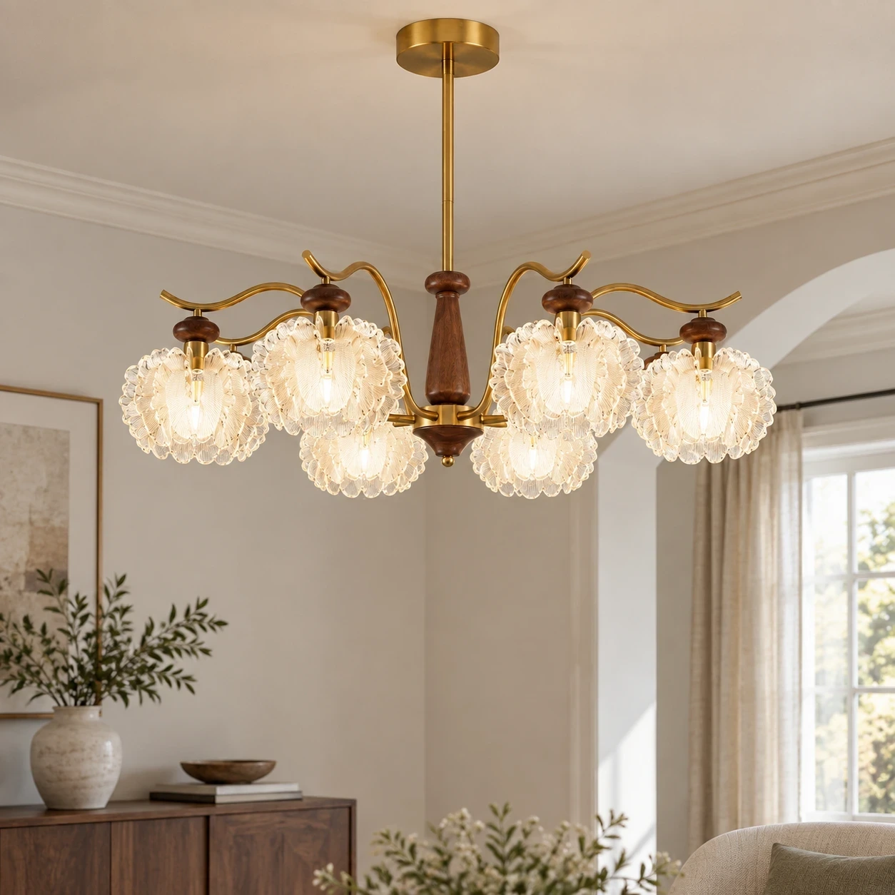 Wushlp Vintage Petal Acrylic Branch Chandelier installed beside a bed