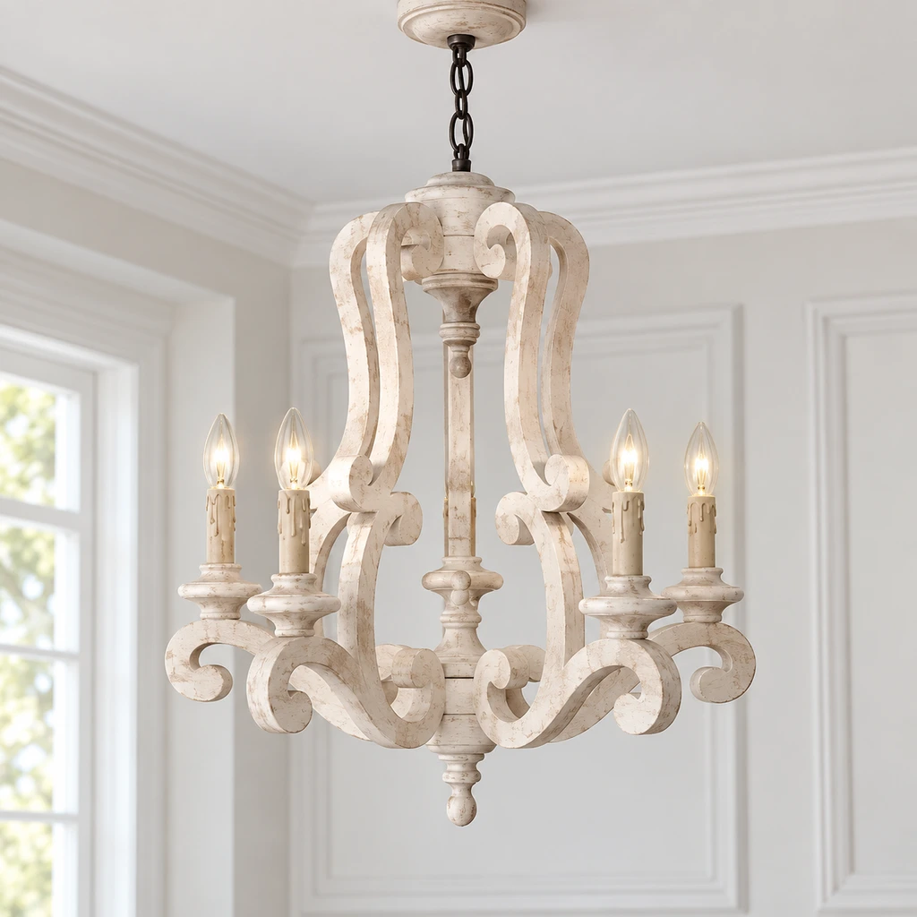 Beatrice American country five-light carved wood chandelier against a pale ceiling