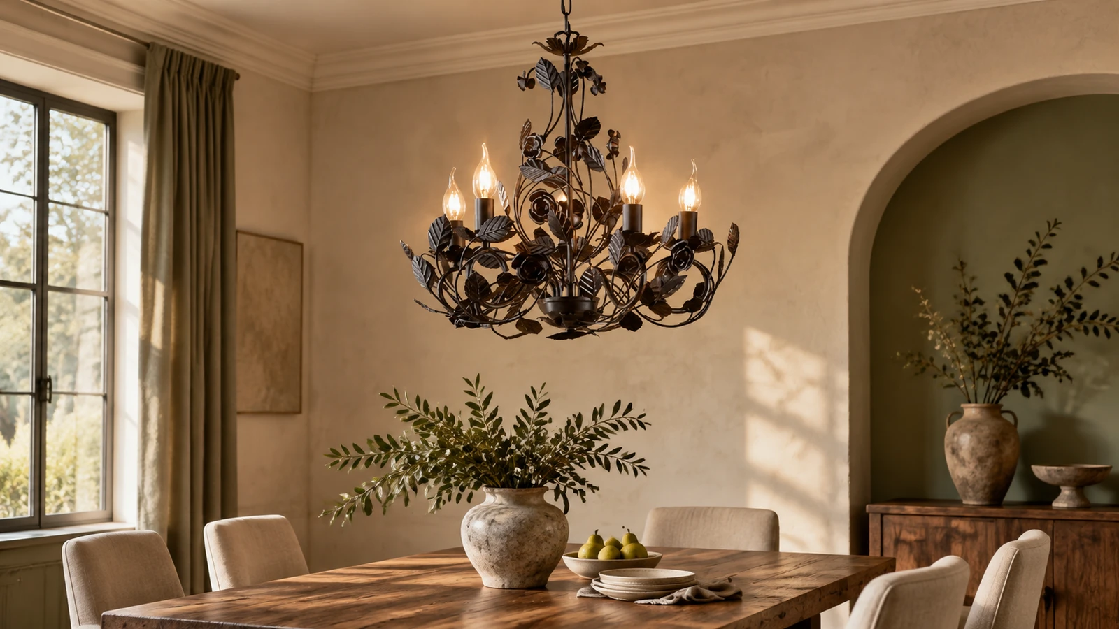 Cleo leaf chandelier above a French rustic dining table