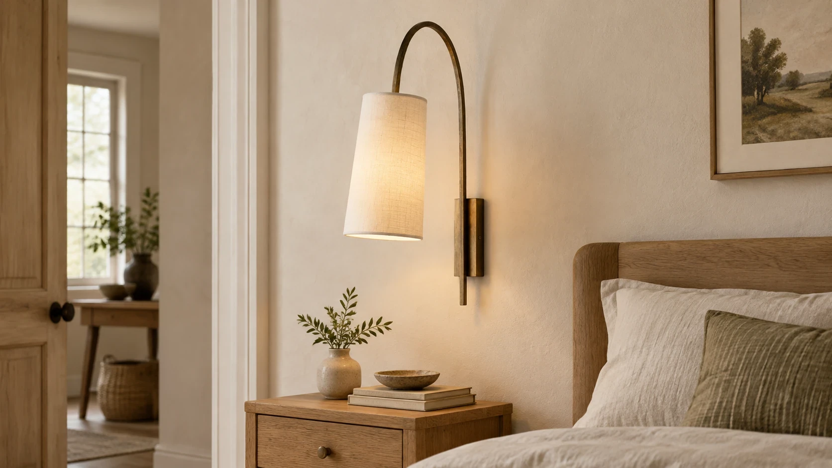 Antique-gold fabric wall sconce installed in a calm rustic bedroom entry
