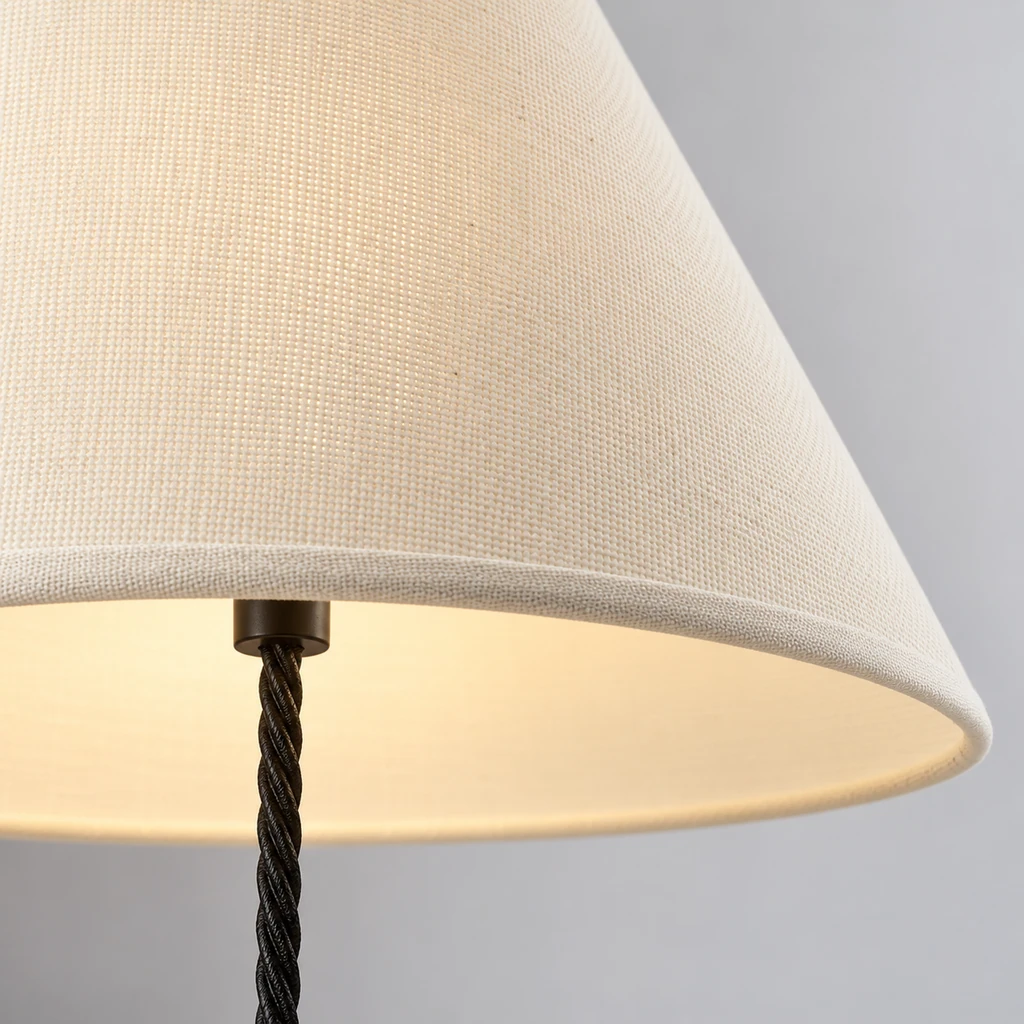 Close detail of Sage ivory fabric shade edge and warm diffusion