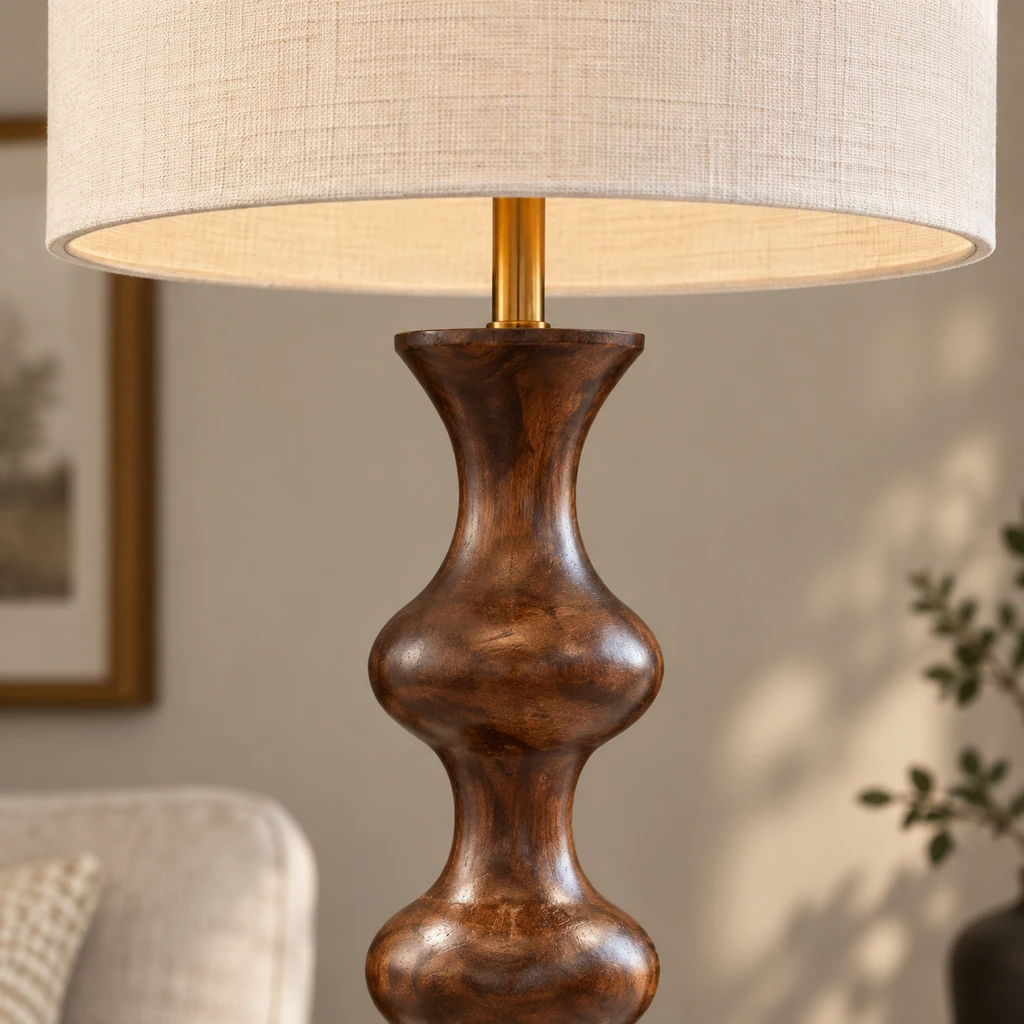 Close detail of the white fabric shade hem, brass neck and wood junction