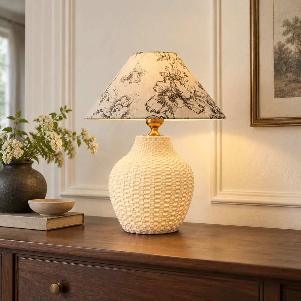 Celeste textured ceramic table lamp with floral fabric shade