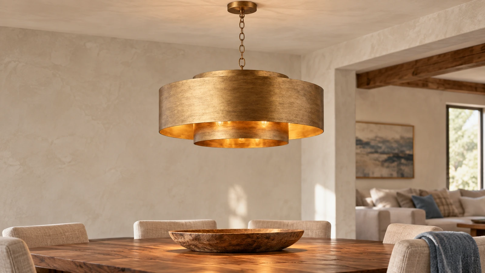 Isla layered antique-gold pendant above a refined dining table