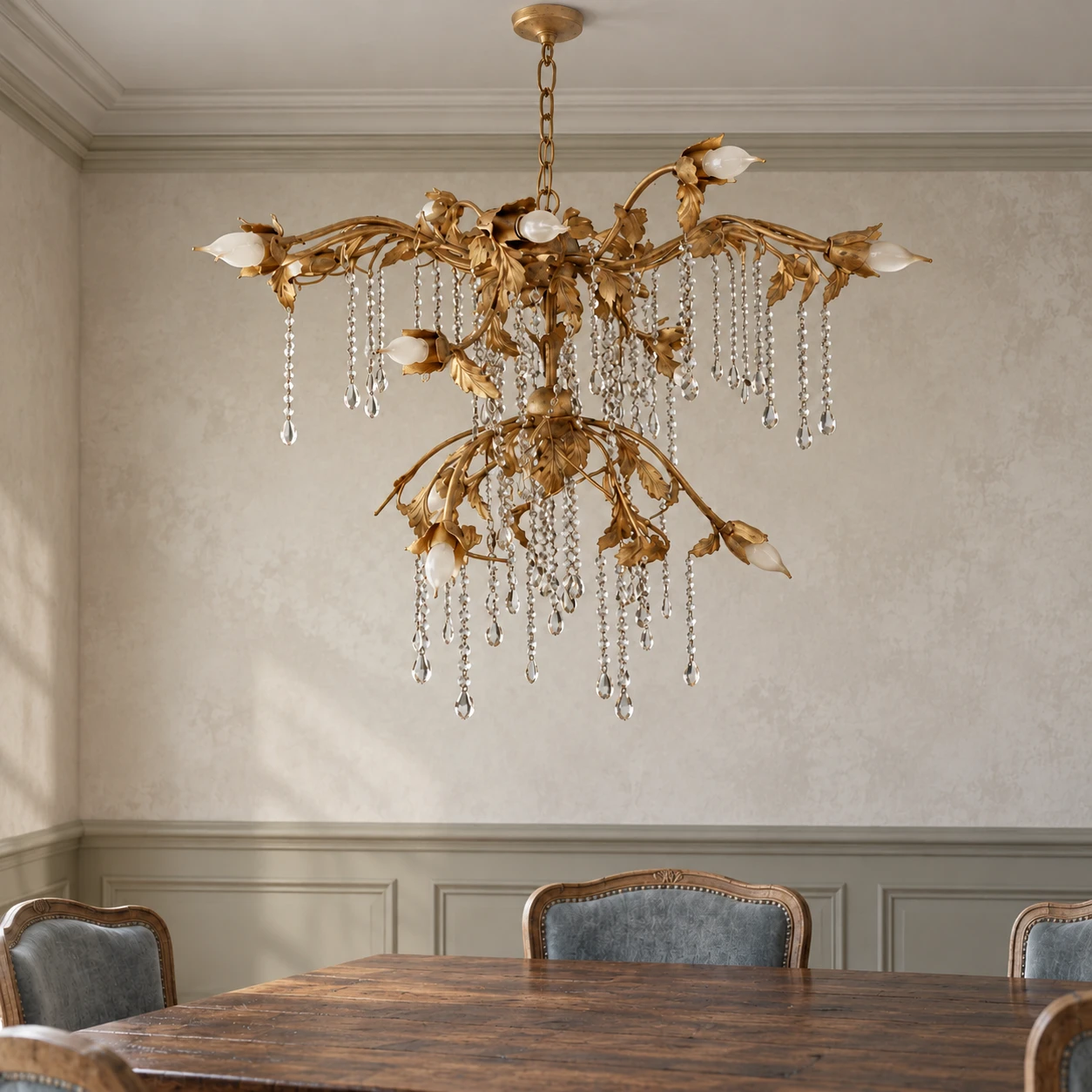 Antique gold branching crystal chandelier in a dining room