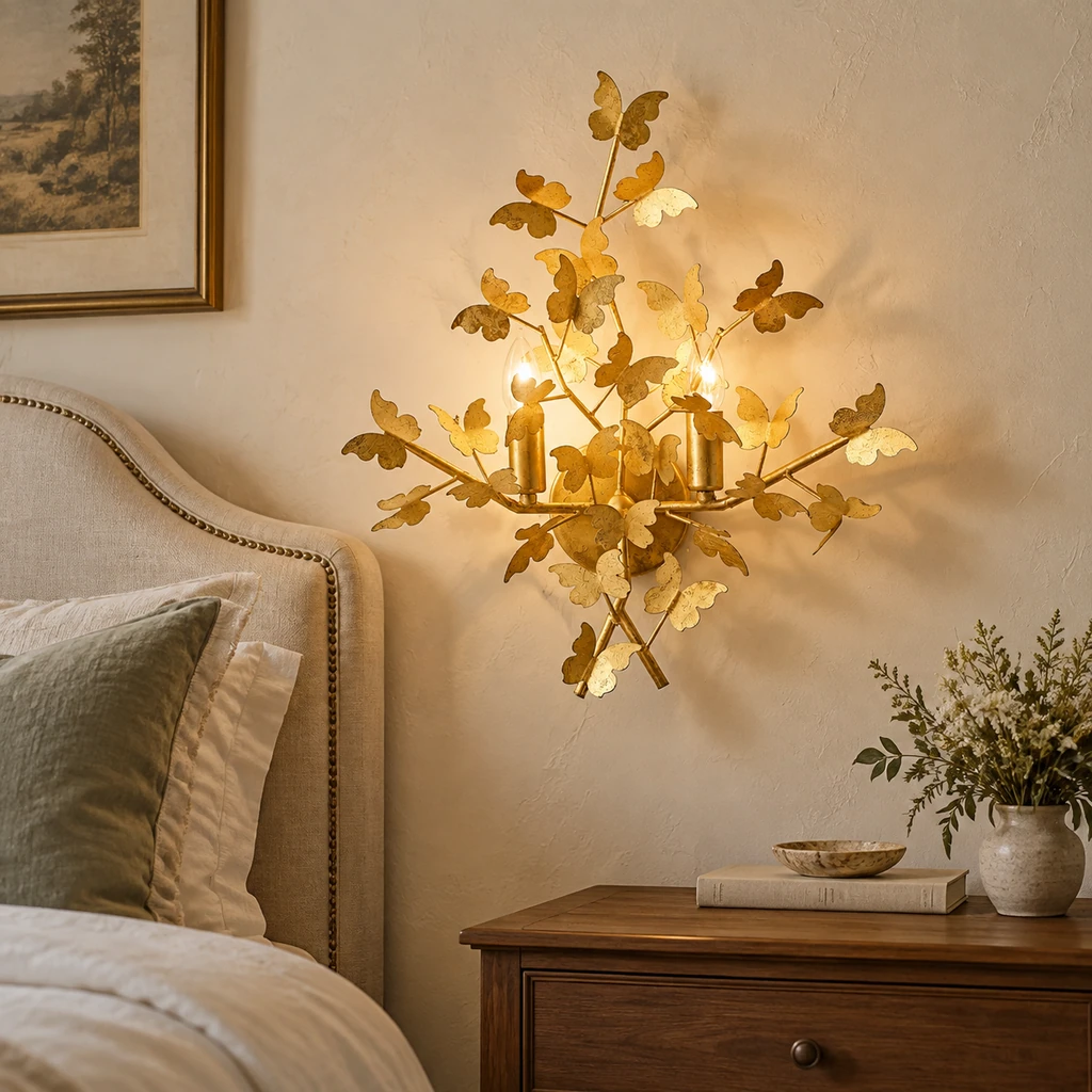 Nora gold-leaf wall light beside a collected bedroom setting